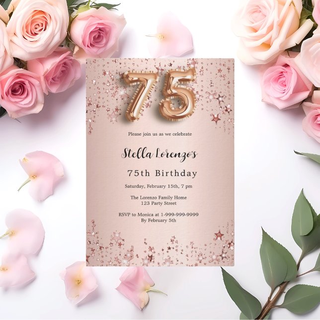 Invitation 75e anniversaire rose or rose étoiles luxe (Créateur téléchargé)