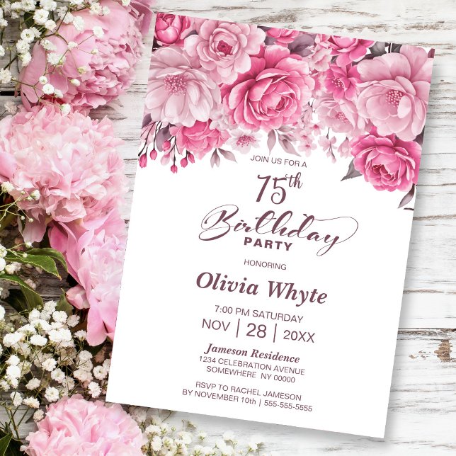 Invitation 75e anniversaire Rose Rose Floral Party (Créateur téléchargé)