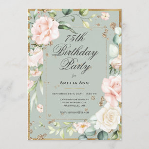 Invitation 75e anniversaire Sage Vert or Aquarelle Floral