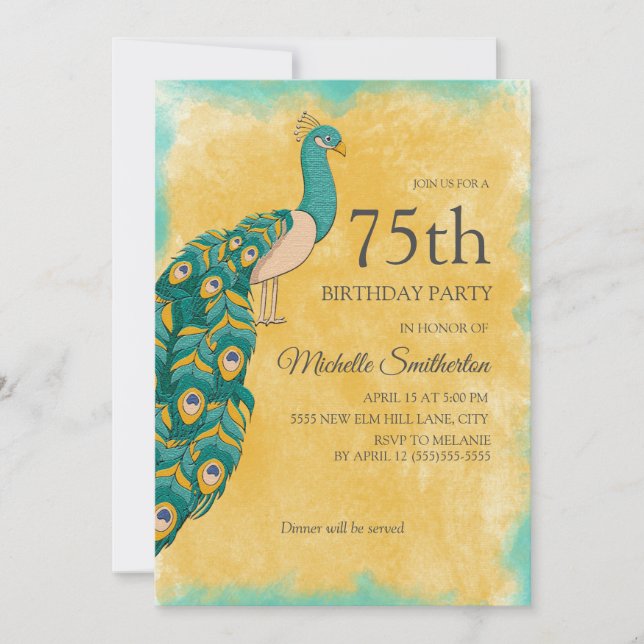 Invitation 75e anniversaire Turquoise Aquarelle jaune Peacock (Devant)