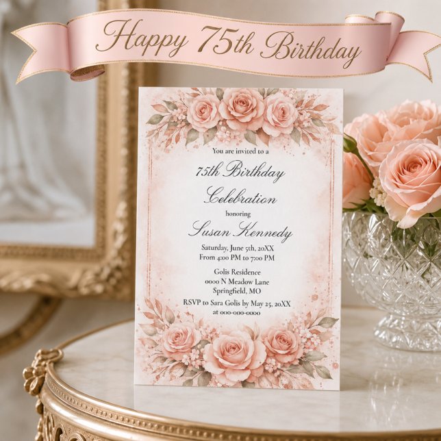 Invitation 75e étape Fardée Rose Élégante Fête d'anniversaire (Créateur téléchargé)