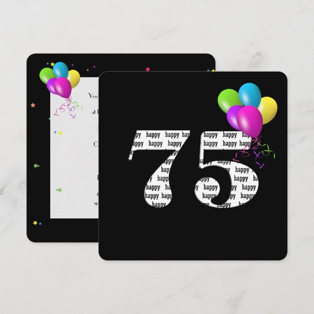 Invitation 75e fête d'anniversaire avec bouquet de ballons (Devant / Derrière)