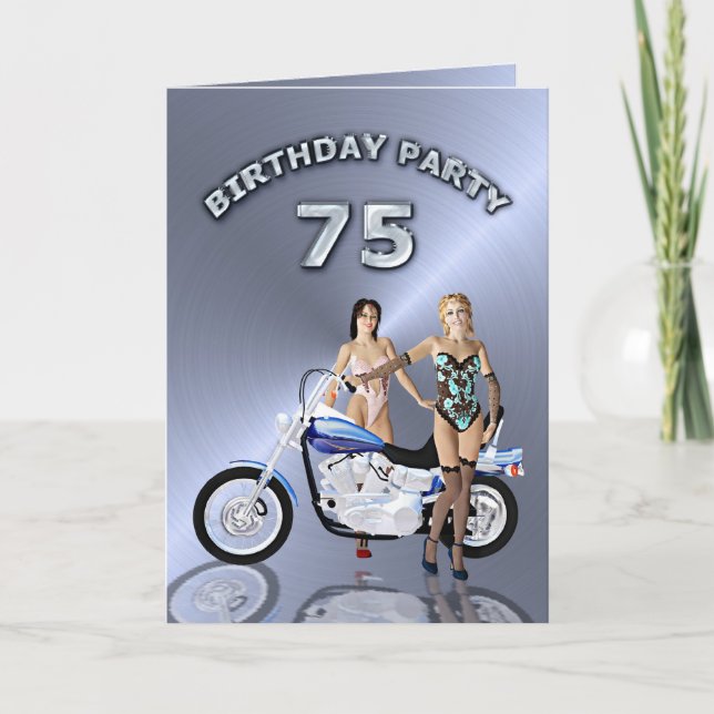 Invitation 75e fête d'anniversaire avec une fille et moto (Devant)