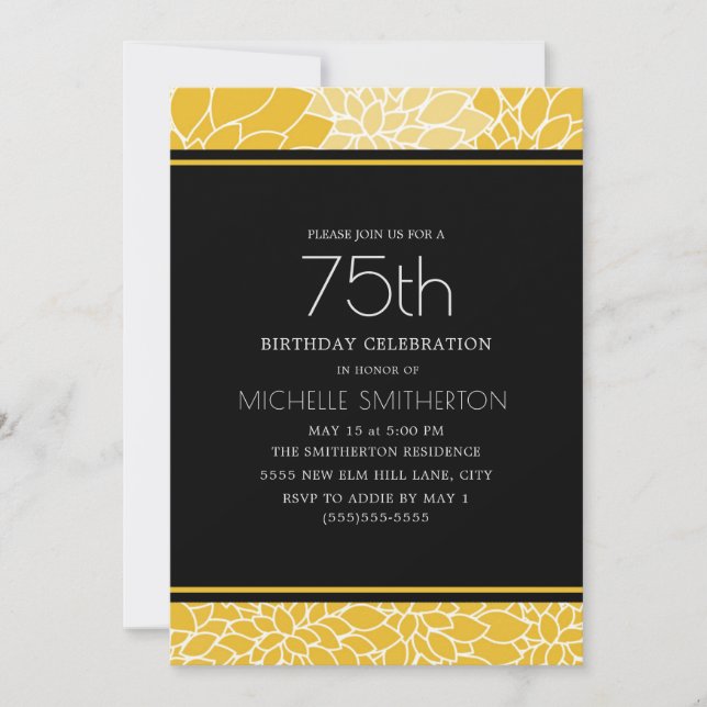 Invitation 75e fête d'anniversaire Jaune Blanc Noir Floral (Devant)