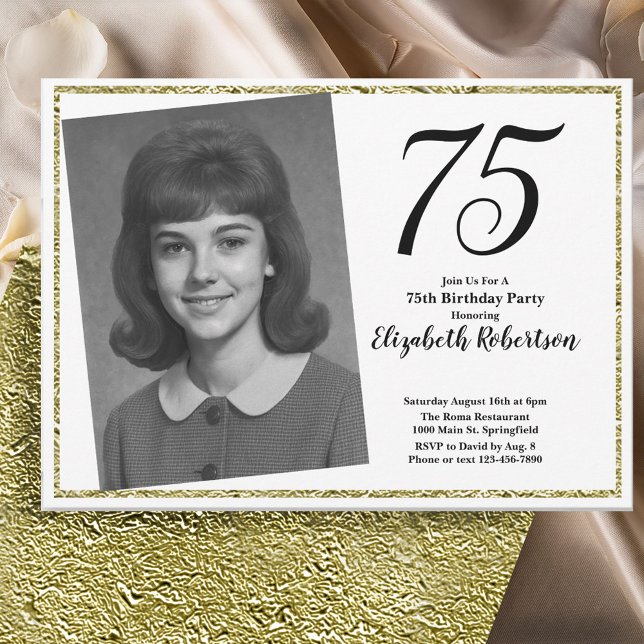 Invitation 75e photo personnalisé blanc et or  (Créateur téléchargé)