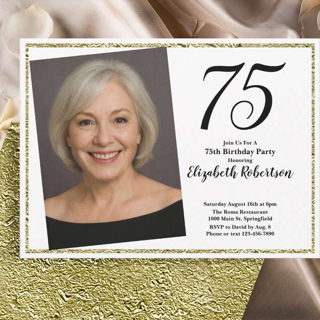 Invitation 75e photo personnalisée Blanc et Or (Créateur téléchargé)