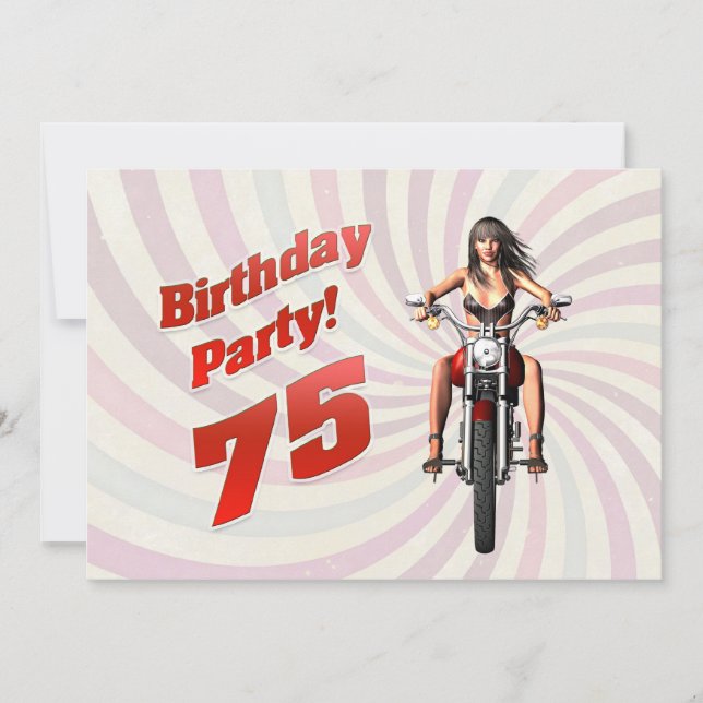 Invitation 75ème anniversaire avec une fille sur une moto (Devant)