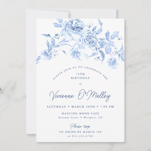 Invitation 75th Birthday Party Dusty Blue Floral (Devant)