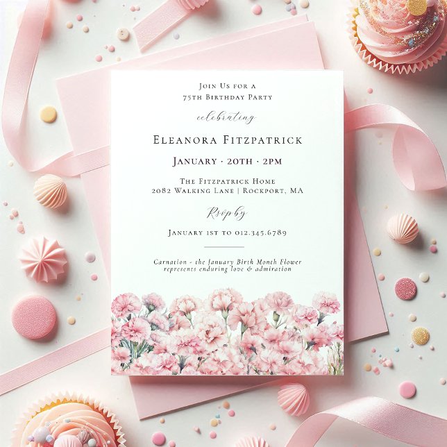 Invitation 75th Birthday Pink Carnation January Birth Flower (Créateur téléchargé)
