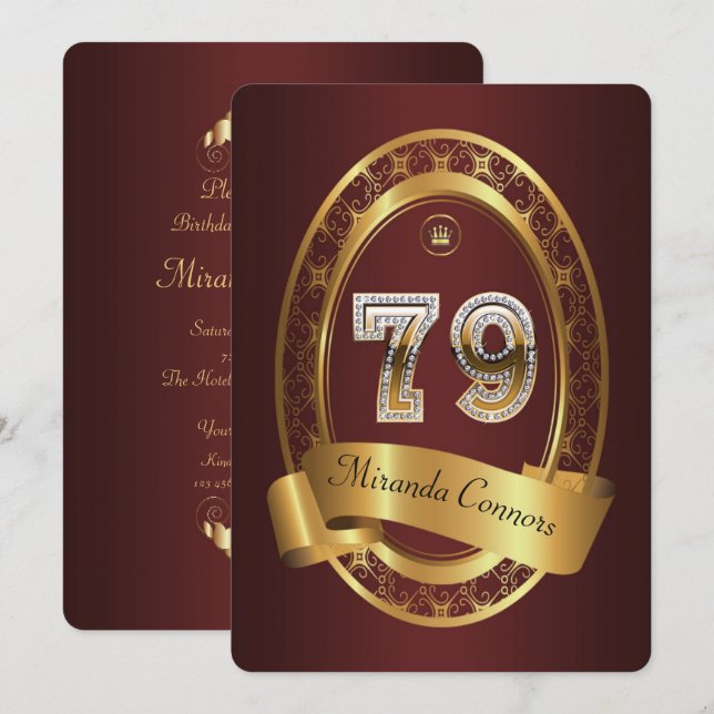 Invitation 79e anniversaire, homme de fête, couleur élégante (Devant / Derrière)