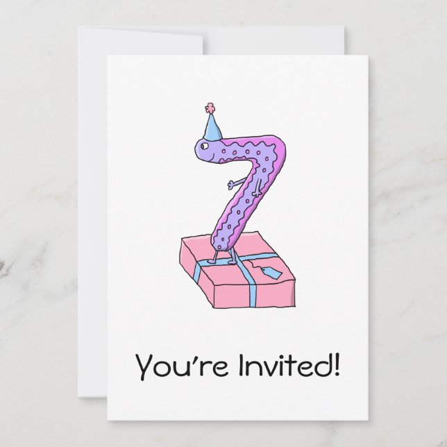 Invitation 7e anniversaire Caricature rose et violet. (Devant)