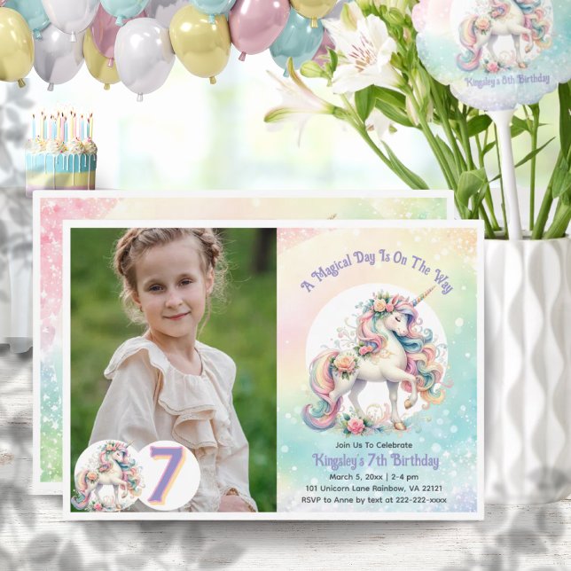 Invitation 7e anniversaire de la Unicorn Pastel Rainbow (7th Seventh Unicorn Pastel Rainbow Birthday Invitation)