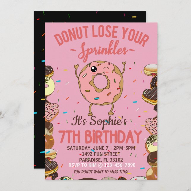 Invitation 7e anniversaire Donut Perdre vos arrosages Filles  (Devant / Derrière)