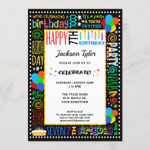 Invitation 7e anniversaire Fun Couleur Crazy Texte sur Black 