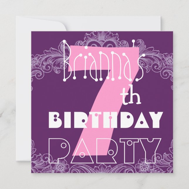 Invitation 7e anniversaire, grand numéro rose et violet pour  (Devant)