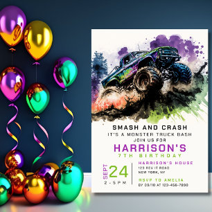 Invitation 7e anniversaire Monster Truck Smash Crash Garçon E