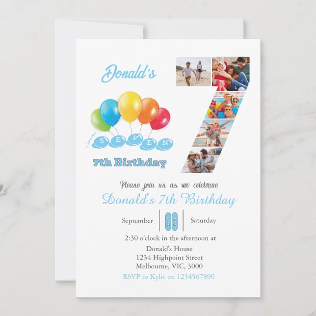 Invitation 7e anniversaire photo collage numéro 7 Garçon (Devant)
