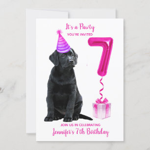 Invitation 7e anniversaire Thème de chiot - mignon chien rose