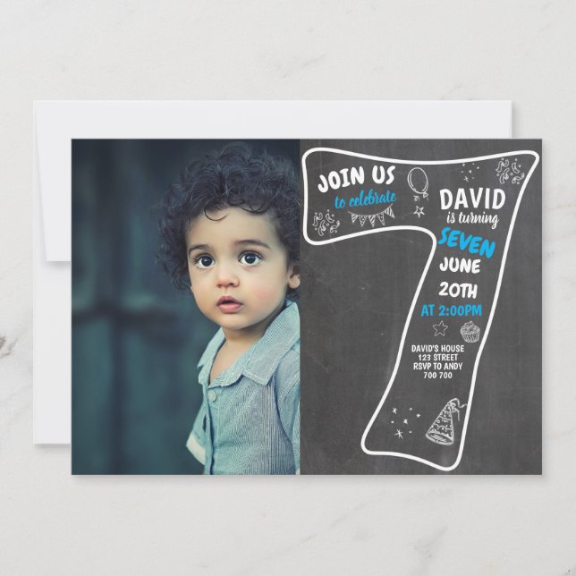 Invitation 7e tableau de bord des garçons avec numéro bleu ph (Devant)