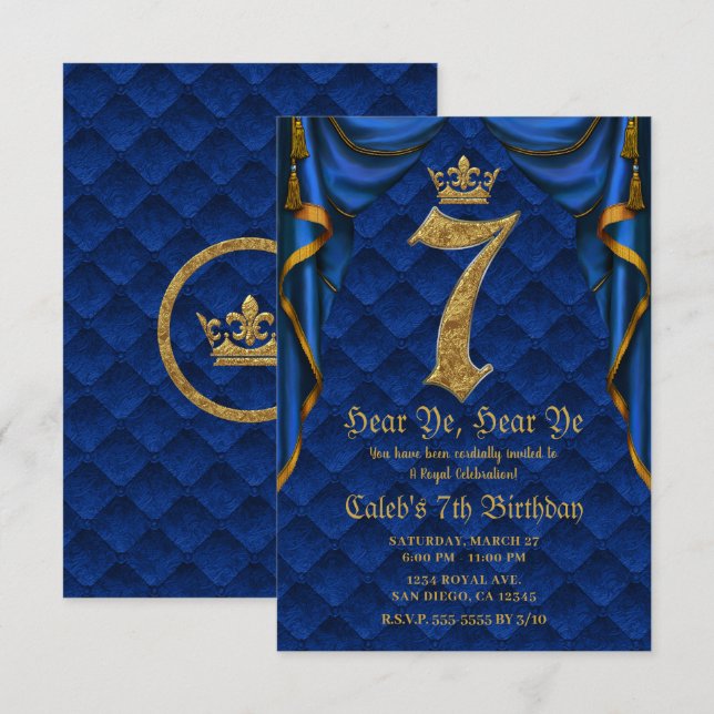 Invitation 7ème Anniversaire 7 Fête Royale Couronne Bleue Or (Devant / Derrière)