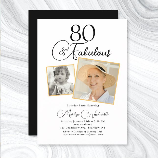 Invitation 80 and Fabulous 80th Birthday Black Script Photo (Créateur téléchargé)