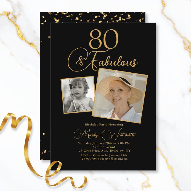 Invitation 80 and Fabulous 80th Birthday Gold Script 2 Photo (Créateur téléchargé)