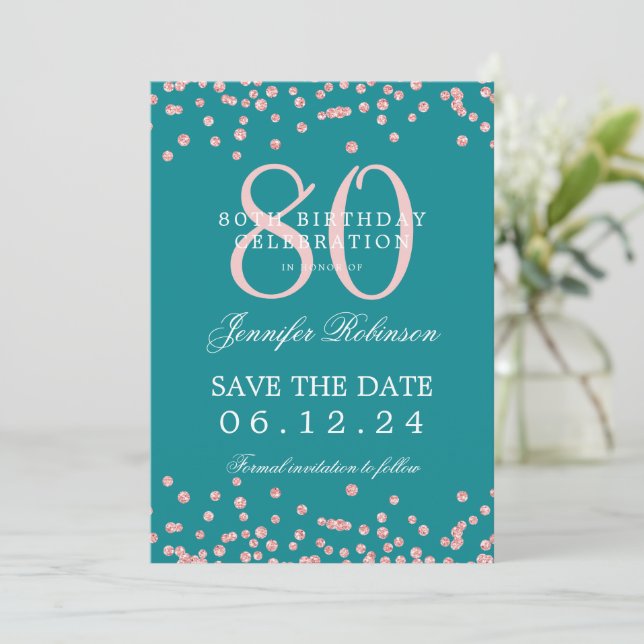 Invitation 80 Anniversaire Rose Gold Date de sauvegarde Confe (Debout devant)