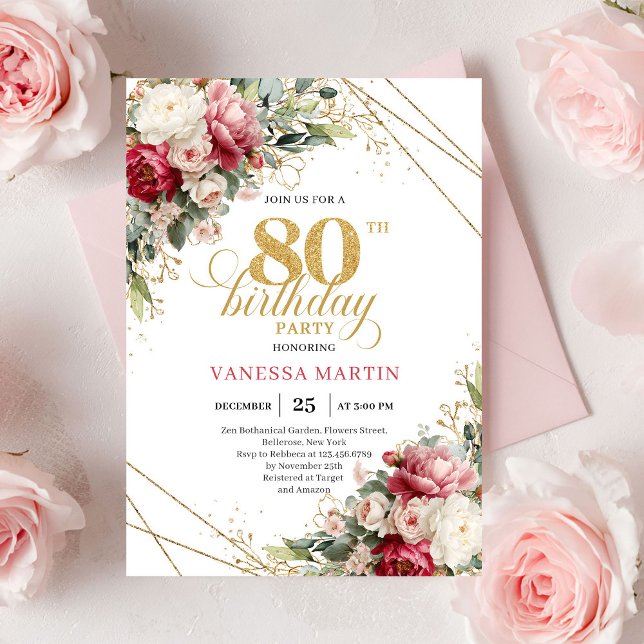 Invitation 80 ans Blush Burgundy Verdure Intempore (Timeless Blush Burgundy Greenery 80th Invite)