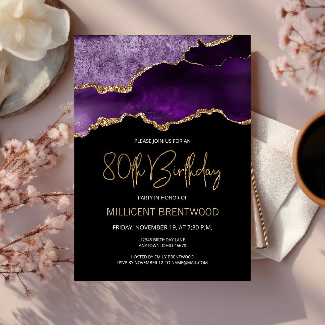Invitation 80 ans élégante avec agate or violet (Créateur téléchargé)