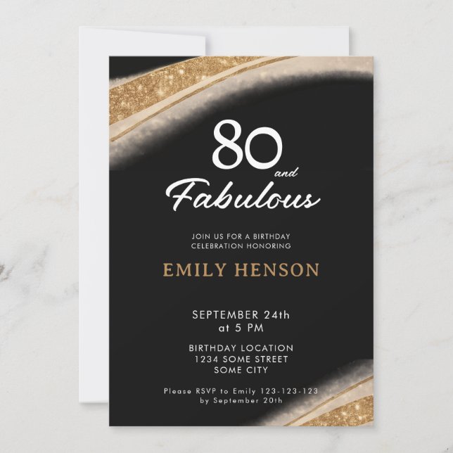 Invitation 80 ans et Fabuleux Anniversaire Noir Or (Devant)