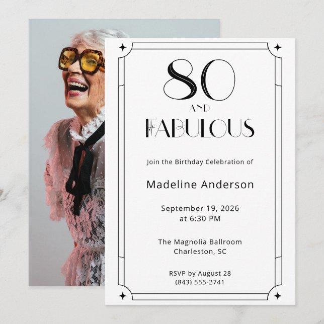 Invitation 80 ans et Fabuleux Photo Noir Blanc 80e Anniversai (Devant / Derrière)