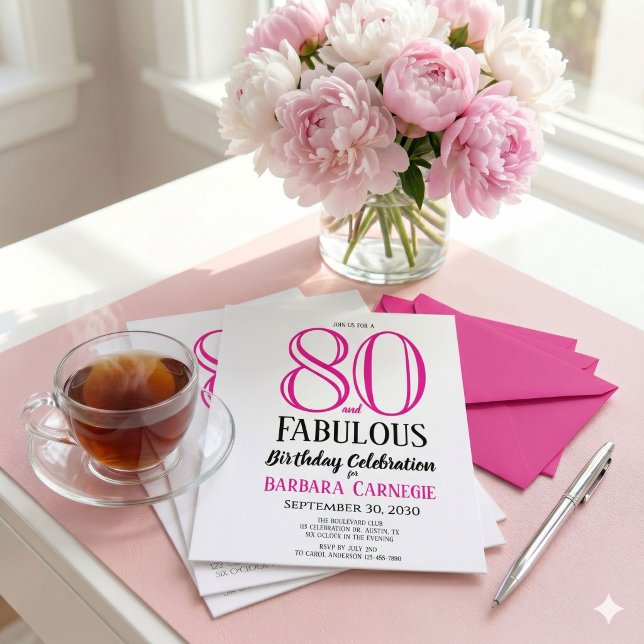 Invitation 80 ans et Fabuleux Texte Rose Noir 80e Anniversair (Créateur téléchargé)