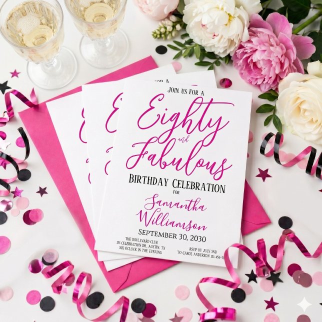 Invitation 80 ans et Fabuleux Texte Rose Noir 80e Anniversair (Créateur téléchargé)