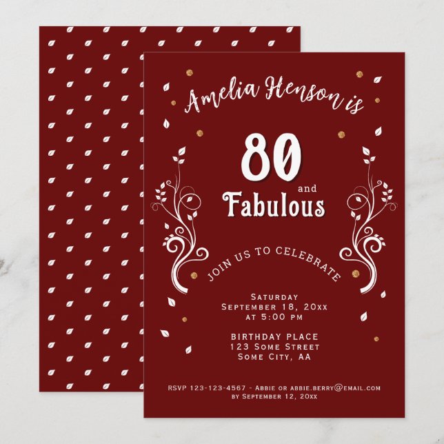 Invitation 80 ans et feuillage fabuleux Rouge 80e anniversair (Devant / Derrière)