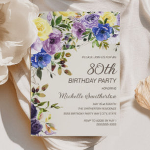 Invitation 80 ans Fleurs aquarelle Jaune Violet