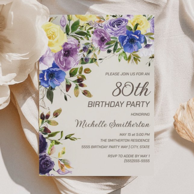 Invitation 80 ans Fleurs aquarelle Jaune Violet (Purple and yellow watercolor floral 80th birthday party invitation)