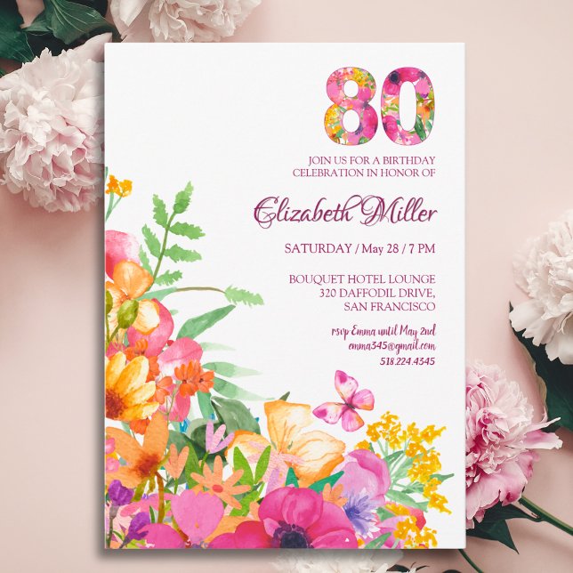 Invitation 80 Ans Fleurs Papillons 80e Anniversaire (Créateur téléchargé)