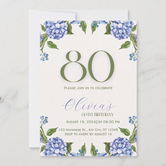 Invitation 80 ans Hydrangea Aquarelle Bleu Vert (Devant)