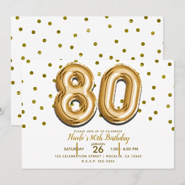 Invitation 80 Ballons Dorés et Confettis Fête d'anniversaire  (Devant / Derrière)
