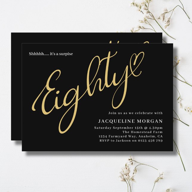 Invitation 80 Black Gold 80e anniversaire (80th birthday party invitation in black and gold on a light background.)