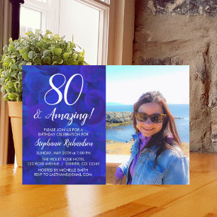 Invitation 80 et Extraordinaire Elegant Royal Blue Photo Anni