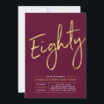 Invitation 80 | Gold Burgundy Red 80th Birthday Party<br><div class="desc">Célébrez votre journée spéciale avec cette simple et élégante invitation à la fête du 80e anniversaire. Ce design comprend un script de brosse "Eighty" avec une mise en page propre dans un combo de couleur rouge et or bordeaux. D'autres conceptions et fournitures de fête sont disponibles à ma boutique BaraBomDesign....</div>
