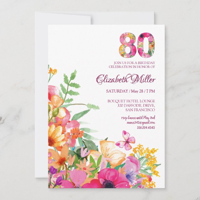 Invitation 80 Years Flowers Butterflies 80th Birthday (Devant)