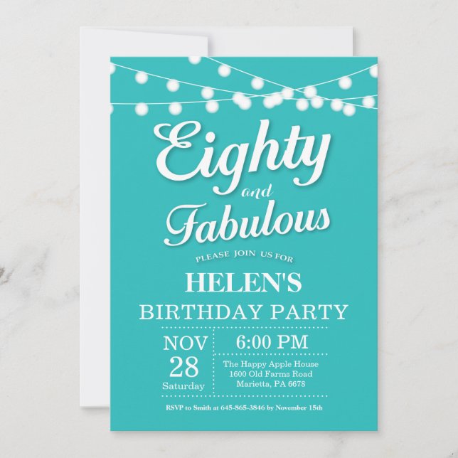 Invitation 80e anniversaire Aqua Turquoise Fabuleu (Devant)
