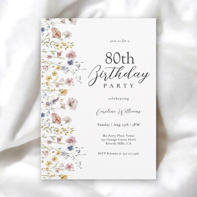 Invitation 80e anniversaire Aquarelle Fleur sauvage Floral (Available in both printed and instant download digital formats.)