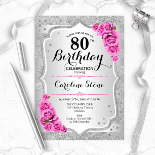 Invitation 80e anniversaire - Argent rayures roses roses rose