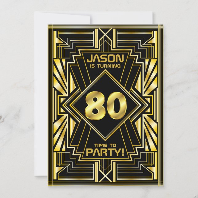 Invitation 80e anniversaire Art Déco Gold Black Great Gatsby (Devant)
