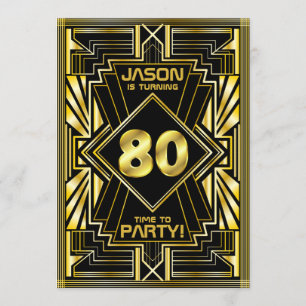 Invitation 80e anniversaire Art Déco Gold Black Great Gatsby