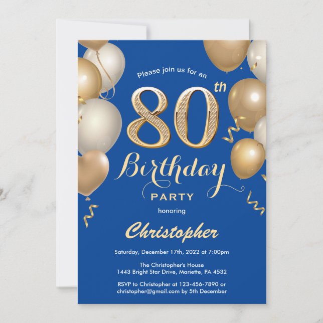 Invitation 80e anniversaire Ballons bleu et or Confetti (Devant)