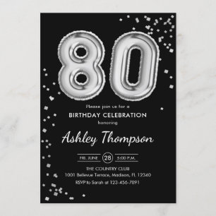 Invitation 80e anniversaire - Ballons d'argent noir